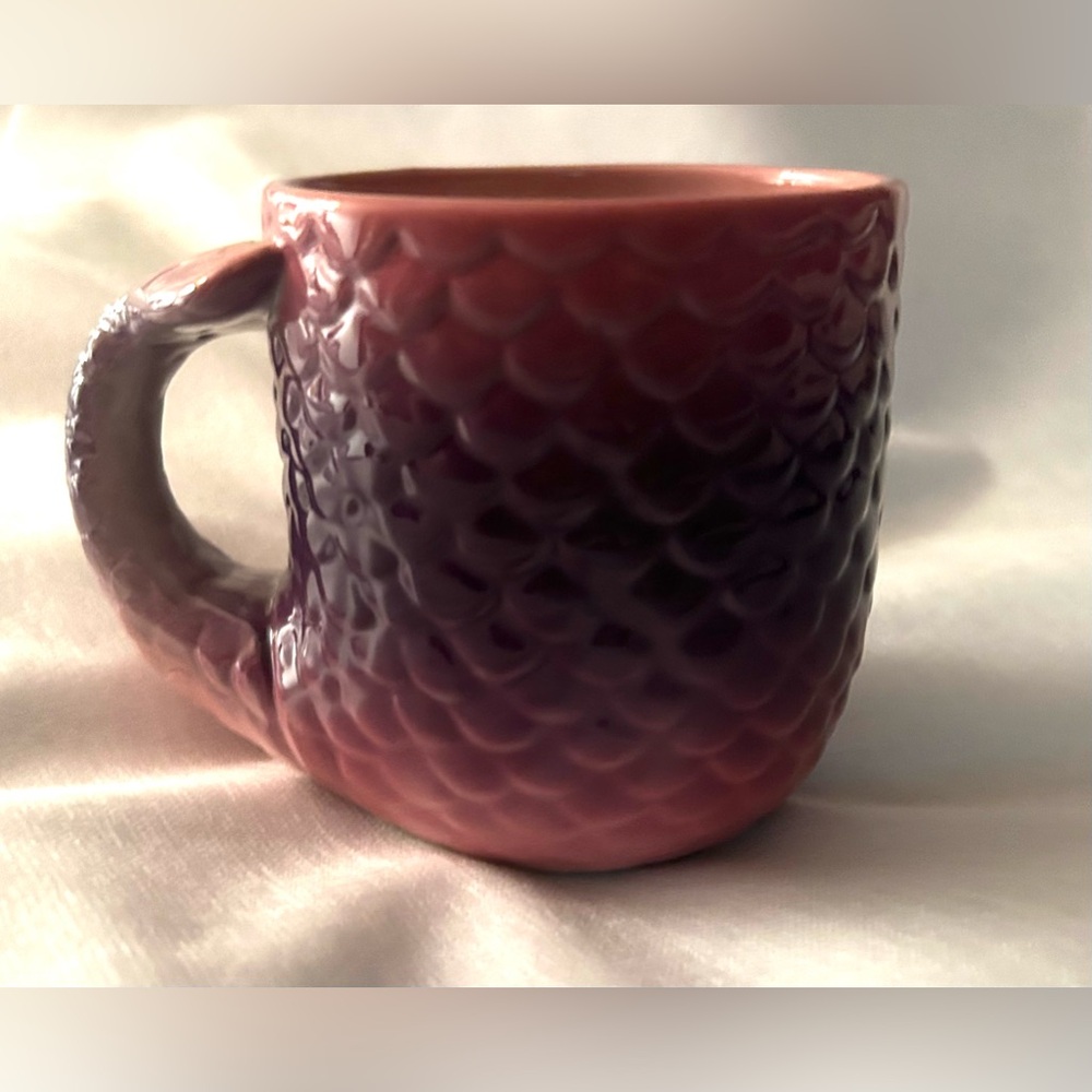 Mermaid Mug. Pink and purple with the tail as a handle.